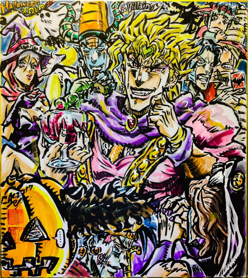 ashiya_kouhei boingo cosplay cream_(stand) daniel_j._d&#039;arby demon_horns dio_brando frankenstein&#039;s_monster frankenstein&#039;s_monster_(cosplay) highres horns jojo_no_kimyou_na_bouken mariah_(jojo) mummy n&#039;doul official_style oingo pet_shop terence_t._d&#039;arby vampire vanilla_ice witch