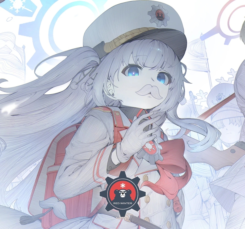 1girl backpack bag blue_archive blue_eyes blue_halo cherino_(blue_archive) commentary emblem english_commentary facial_hair flag gloves halo hat jacket jaeb_(kkrt0302) long_hair long_sleeves looking_at_viewer military_hat mustache randoseru red_bag red_ribbon ribbon snowflake_print solo_focus two_side_up upper_body very_long_hair white_gloves white_hair white_hat white_jacket