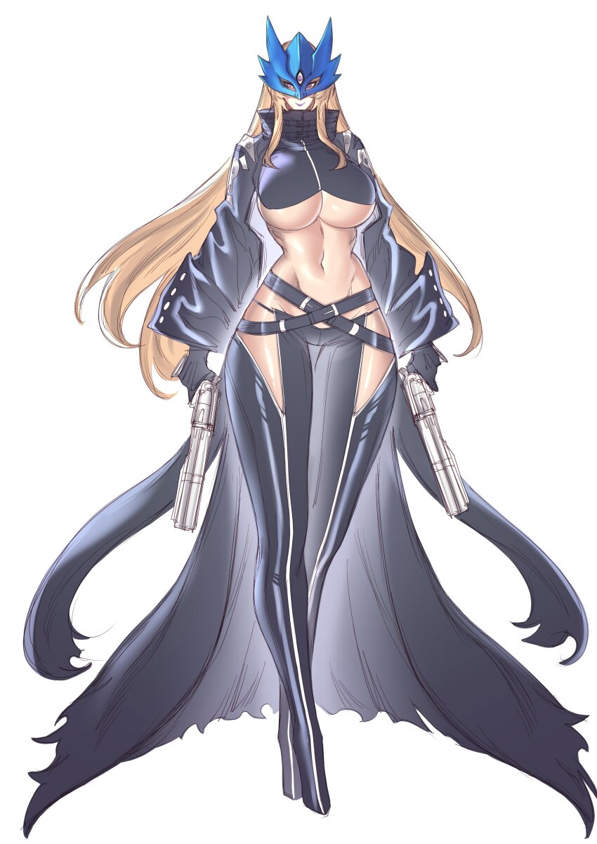 1girl absurdres beelstarmon black_gloves blonde_hair breasts cropped_jacket digimon digimon_(creature) digimon_story:_time_stranger female_focus frey_seamonster full_body gloves gun highres holding holding_gun holding_weapon jacket large_breasts leather leather_jacket leather_pants long_hair mask navel pants purple_eyes simple_background solo solo_focus standing stomach third_eye underboob weapon white_background