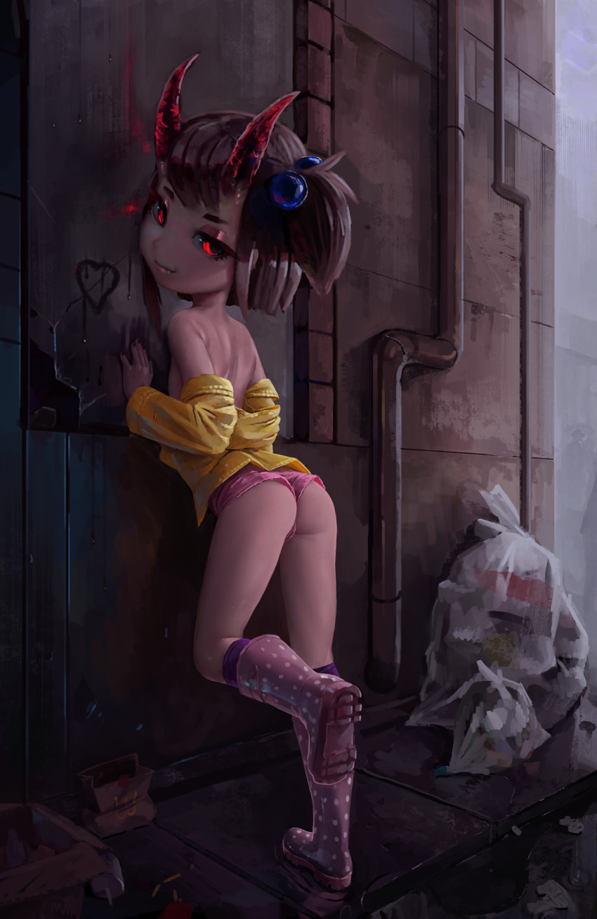 1girl against_wall alley ass backstreet boots brown_hair demon_girl demon_horns female_focus fiz-rot flat_chest full_body hair_ornament highres horns loli looking_at_viewer open_clothes open_shirt original outdoors presenting puddle red_eyes reflection seductive_smile short_shorts shorts smile solo trash trash_bag water