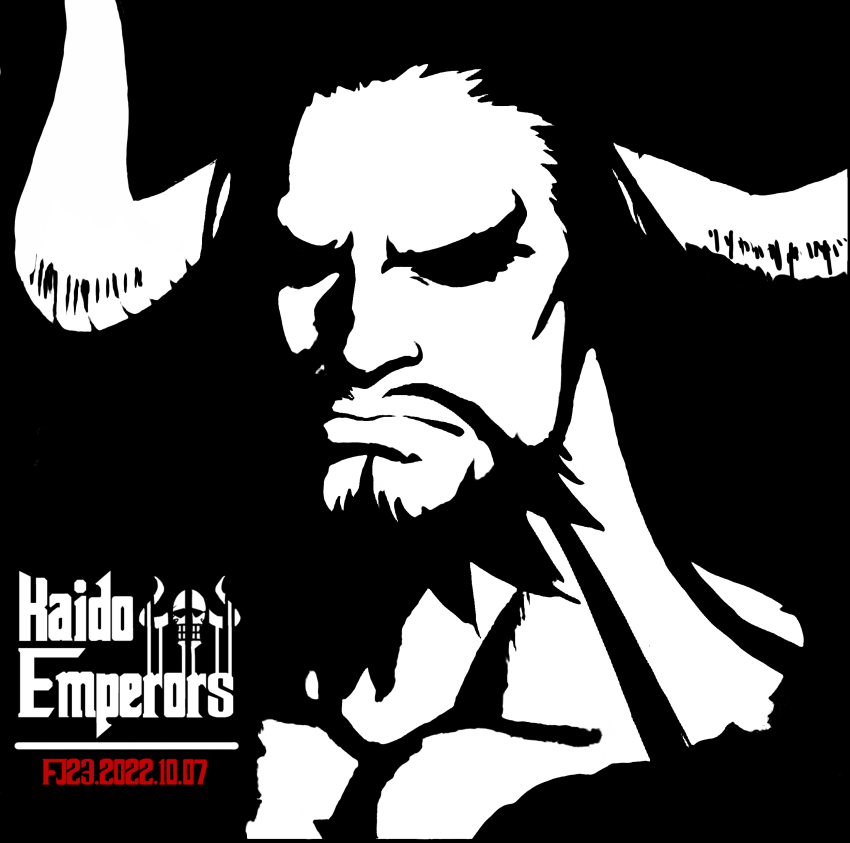 1boy 2022 absurdres beard character_name closed_mouth crossover facial_hair fj23 highres horns jolly_roger kaidou_(one_piece) long_hair monochrome mustache one_piece oni oni_horns solo solo_focus the_godfather