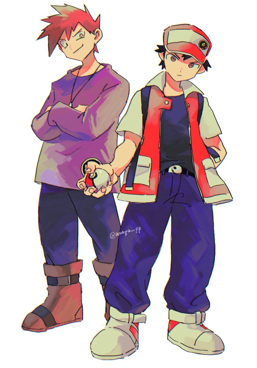 2boys amaya_uw belt black_belt black_hair blue_oak boots brown_footwear closed_mouth commentary_request crossed_arms hat highres holding holding_poke_ball jacket long_sleeves looking_at_viewer male_focus multiple_boys nintendo open_clothes open_jacket pants poke_ball poke_ball_(basic) pokemon pokemon_rgby purple_pants purple_shirt red_(pokemon) red_hat shirt shoes short_hair smile spiked_hair standing twitter_username