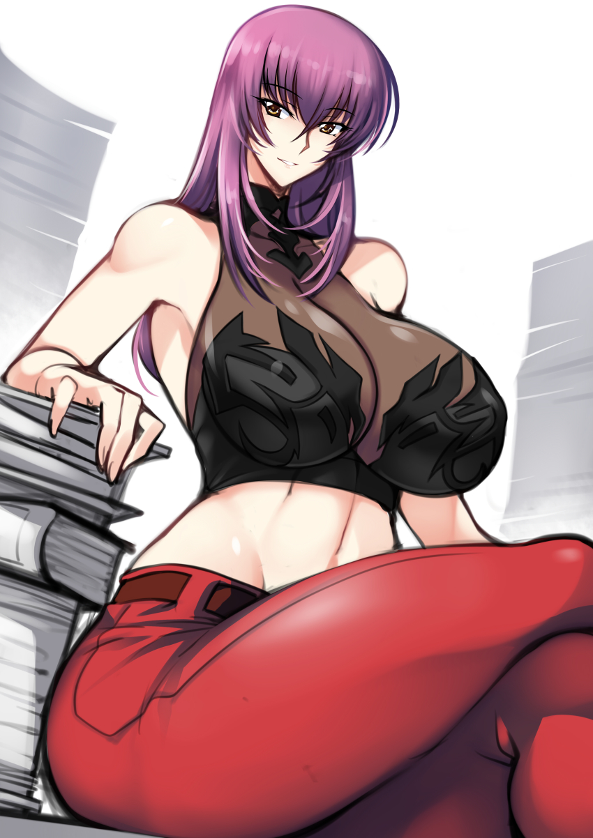 1girl absurdres armpit_peek breasts brown_eyes crop_top crossed_legs haganef halterneck highres kouzuki_yuuko large_breasts long_hair looking_to_the_side midriff muv-luv navel pants papers parted_lips purple_hair red_pants sitting smile solo thick_thighs thighs white_background