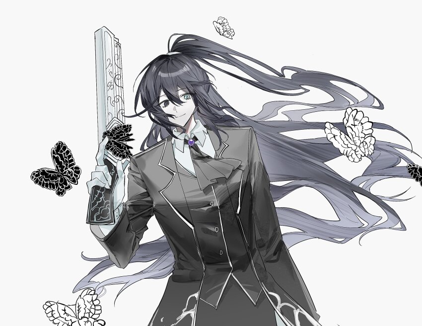 1boy black_butterfly black_coat black_eyes black_hair black_vest blue_eyes bochishiraita bug butterfly coat collared_shirt e.g.o_(project_moon) gloves gun heterochromia high_ponytail highres holding holding_gun holding_weapon hong_lu_(project_moon) insect lapels limbus_company long_hair long_sleeves looking_at_viewer male_focus notched_lapels ponytail project_moon purple_brooch shirt simple_background solemn_lament_(e.g.o) solo standing upper_body very_long_hair vest weapon white_background white_butterfly white_gloves white_shirt
