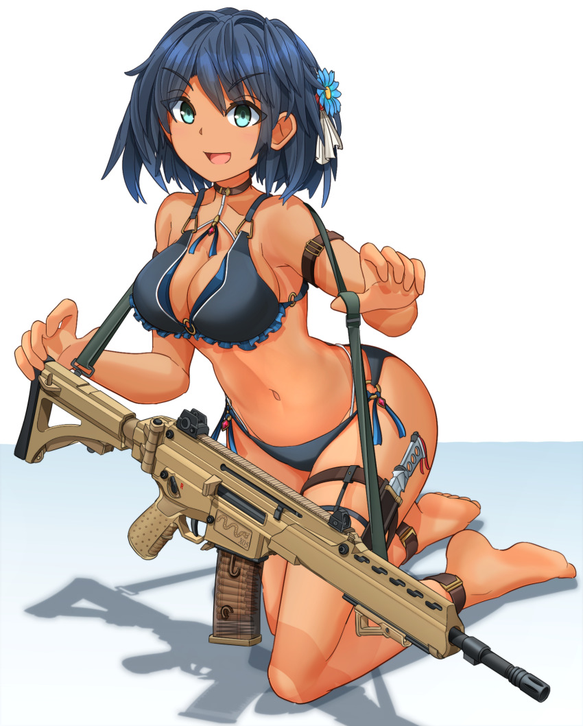 1girl ankle_strap arm_strap assault_rifle barefoot bikini black_bikini black_choker blue_eyes blue_hakama bob_cut breasts carrying choker cleavage combat_knife commentary_request flower fx-05_xiuhcoatl gun hair_flower hair_ornament hakama highres japanese_clothes kneeling knife looking_at_viewer medium_breasts mikeran_(mikelan) navel open_mouth original rifle shadow short_hair sling_(weapon) smile solo swimsuit tan thigh_strap weapon white_background