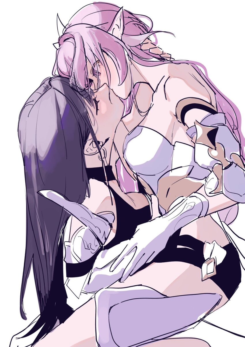 2girls bare_shoulders blush closed_eyes dress elysia_(herrscher_of_human:_ego)_(honkai_impact) elysia_(honkai_impact) eyes_visible_through_hair gloves hand_on_another&#039;s_neck hashtag-only_commentary highres hip_vent honkai_(series) honkai_impact_3rd kiss long_hair multiple_girls pink_eyes pink_hair purple_hair raiden_mei raiden_mei_(apho) roena white_background white_dress white_gloves yuri