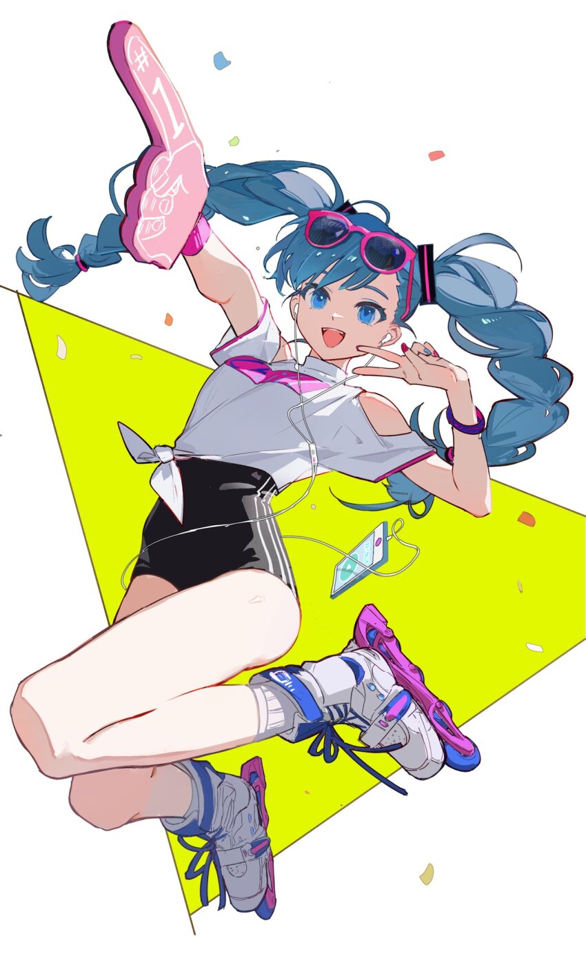 1girl ankle_socks bare_shoulders black_shorts blue_eyes blue_hair blue_nails boots bracelet braided_twintails cellphone clothing_cutout confetti earbuds earphones eyelashes eyewear_on_head floating_hair foam_finger front-tie_top full_body hair_ornament hair_tie happy hatsune_miku high-waist_shorts highres jewelry jumping listening_to_music long_hair multicolored_nails nail_polish open_mouth phone pink-framed_eyewear pink_nails requiem_(requiem_art) roller_skates shirt short_shorts short_sleeves shorts shoulder_cutout skates smartphone smile socks solo sunglasses swept_bangs teeth triangle turtleneck turtleneck_shirt twintails upper_teeth_only v very_long_hair vocaloid white_background white_boots white_shirt white_socks