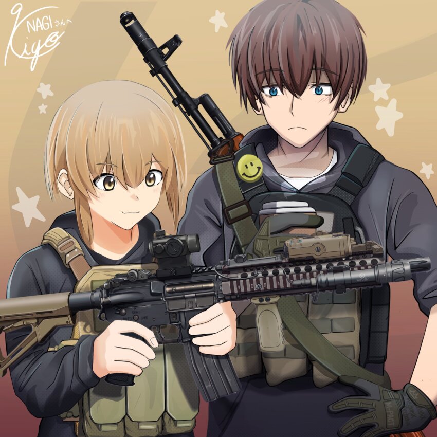 1boy 1girl ak-74 ammunition_pouch ar-15 assault_rifle black_jacket blue_eyes brown_background brown_eyes brown_hair bulletproof_vest gloves gun gun_sling highres hood hooded_jacket jacket kalashnikov_rifle m4_carbine makiyo_shine medium_hair muzzle_device original pouch rail_(weapon) rifle short_hair smiley_face vertical_forward_grip weapon