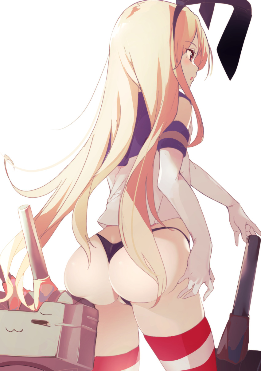 1girl ass black_panties blonde_hair blush cowboy_shot crop_top elbow_gloves from_behind gloves hair_between_eyes highleg highleg_panties highres kantai_collection long_hair no_pants open_mouth panties rensouhou-chan school_uniform serafuku shimakaze_(kancolle) simple_background sleeveless striped_clothes striped_thighhighs suwakana thighhighs underwear white_background white_gloves yellow_eyes