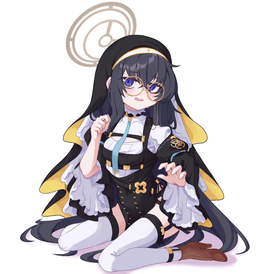 1girl bags_under_eyes black_hair blue_archive blue_eyes coif cosplay hair_between_eyes halo highres hinata_(blue_archive) hinata_(blue_archive)_(cosplay) long_hair open_mouth pankobreaddumbs tagme thighhighs ui_(blue_archive) very_long_hair