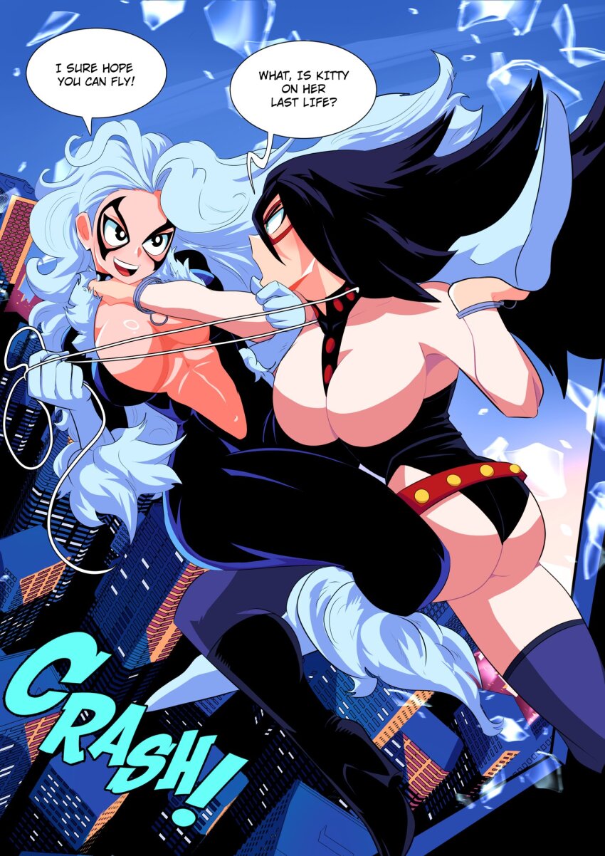 2girls battle black_cat_(marvel) black_eyes black_hair bodysuit boku_no_hero_academia boots breasts broken_glass broken_handcuffs broken_window building cityscape cleavage crossover defenestration domino_mask fur-trimmed_boots fur-trimmed_gloves fur_trim glass gloves hand_on_another&#039;s_chin hand_on_another&#039;s_leg hand_on_another&#039;s_neck high_heels highres holding holding_rope large_breasts leg_around_another&#039;s_leg looking_at_another marvel mask midnight_(boku_no_hero_academia) multiple_girls navel open_mouth plunging_neckline rope skin_tight sonchapo sound_effects speech_bubble spider-man_(series) superhero_costume white_hair