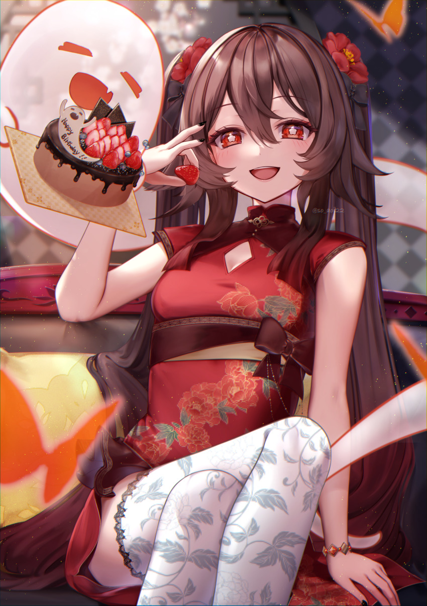 1girl absurdres alternate_costume asahi_(vjss4548) black_nails boo_tao_(genshin_impact) bracelet breasts brown_hair cake china_dress chinese_clothes commentary_request crossed_legs dress floral_print flower flower-shaped_pupils food fruit genshin_impact hair_between_eyes hair_flower hair_ornament highres holding holding_food holding_fruit hu_tao_(genshin_impact) jewelry lace lace-trimmed_legwear lace_trim long_hair looking_at_viewer open_mouth red_dress red_eyes red_flower revision sitting small_breasts solo strawberry symbol-shaped_pupils thighhighs twintails twitter_username very_long_hair white_thighhighs