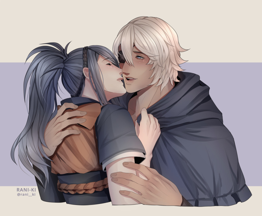 1boy 1girl blue_hair blue_hood commission couple dark_blue_hair fire_emblem fire_emblem_fates hetero high_ponytail highres hood hood_down imminent_kiss japanese_clothes niles_(fire_emblem) nintendo oboro_(fire_emblem) ponytail rani_ki