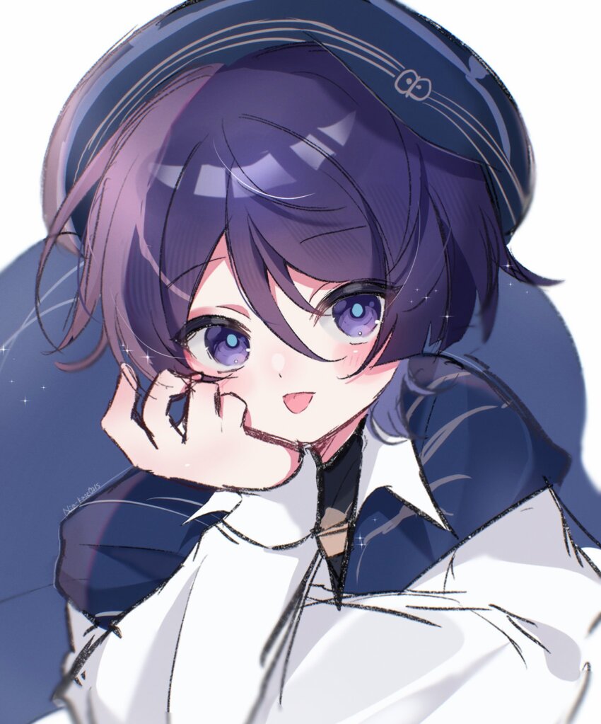1boy alternate_costume amimia_zaxtuta beret blue_hat blue_shawl casual collared_shirt contemporary genshin_impact gold_trim hair_between_eyes hand_on_own_face hat highres long_sleeves male_focus official_alternate_costume purple_eyes purple_hair purple_pupils scaramouche_(genshin_impact) shawl shirt solo tongue tongue_out upper_body wanderer_(genshin_impact) wanderer_(wanderer_impression)_(genshin_impact) white_background white_shirt white_sleeves