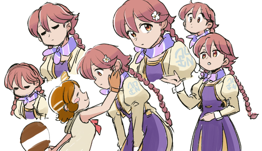 2girls apocalypse_hotel braid brown_eyes brown_hair cropped_jacket dress highres jacket long_hair long_sleeves looking_at_viewer multiple_girls multiple_views pink_hair ponko_procione puffy_sleeves scarf short_hair simple_background standing tsubobot twin_braids twintails white_background yachiyo_(apocalypse_hotel)