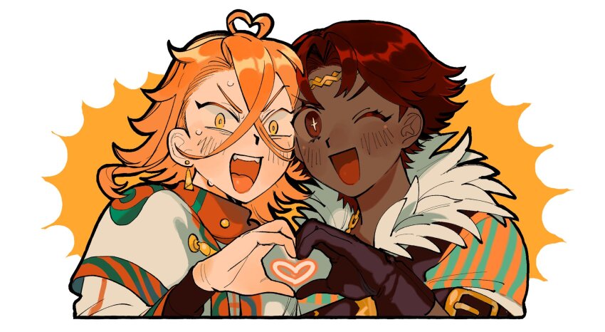 2boys antenna_hair brown_eyes dark-skinned_male dark_skin fire_emblem fire_emblem_engage fogado_(fire_emblem) heart highres looking_at_viewer mochako_(motyako_1005) multiple_boys nintendo open_mouth orange_hair pandreo_(fire_emblem) yellow_eyes