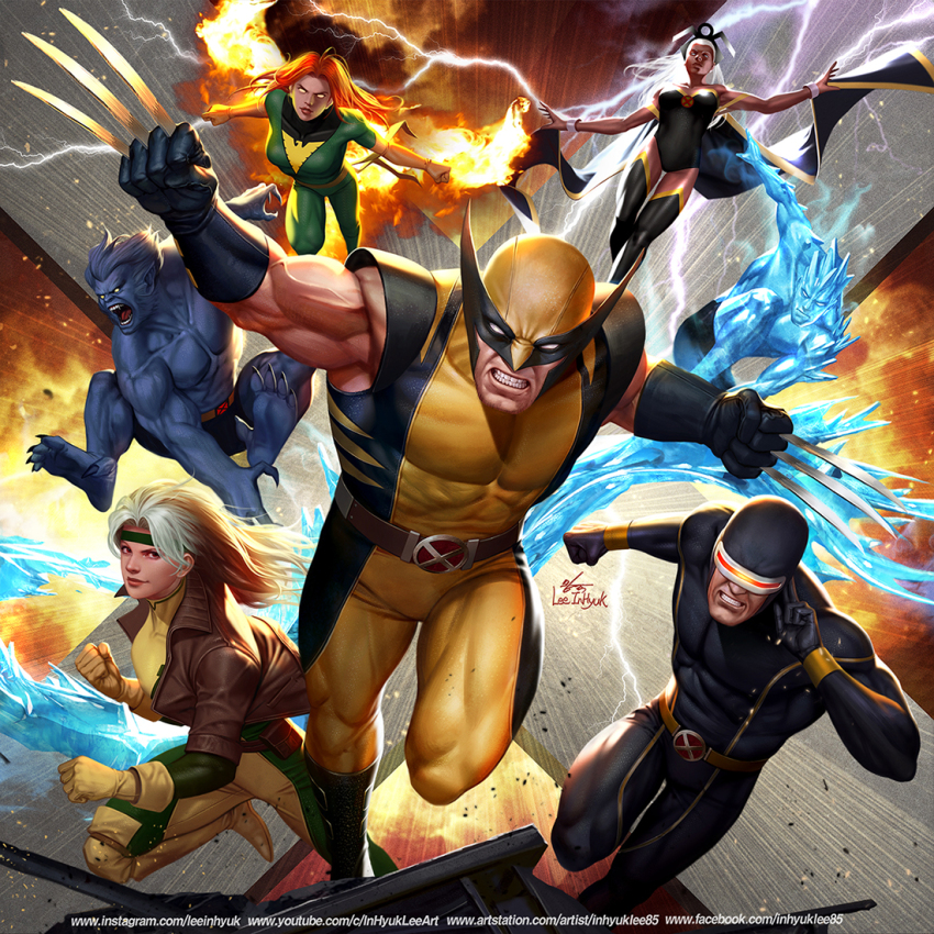 3girls 4boys armor beast_(x-men) belt black_bodysuit black_hair black_pants blue_fur blue_gloves blue_hair bodysuit boots breasts brown_hair brown_jacket buckle cape card claw_(weapon) clenched_hands clenched_teeth closed_mouth commentary cyclops_(x-men) dark-skinned_female dark_skin elbow_gloves english_commentary facial_hair fighting_stance fire floating gloves goatee goggles green_bodysuit headband ice iceman_(x-men) in-hyuk_lee jacket jean_grey leather leather_jacket long_hair long_sleeves marvel mask medium_breasts multicolored_bodysuit multicolored_hair multiple_boys multiple_girls muscular muscular_male open_clothes open_jacket open_mouth outdoors pants rogue_(x-men) short_hair spiked_hair storm storm_(x-men) superhero_costume teeth thigh_boots two-tone_bodysuit two-tone_hair wavy_hair weapon white_hair wolverine_(x-men) x-men yellow_bodysuit yellow_boots yellow_gloves