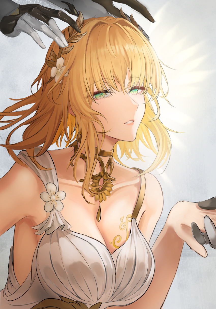 1girl absurdres aglaea_(honkai:_star_rail) ancient_greek_clothes breast_tattoo breasts cleavage commentary dress flower garmentmaker_(honkai:_star_rail) greco-roman_clothes green_eyes hair_flower hair_ornament highres holding_hands honkai:_star_rail honkai_(series) kystery large_breasts laurel_crown mannequin short_hair solo tattoo upper_body white_dress
