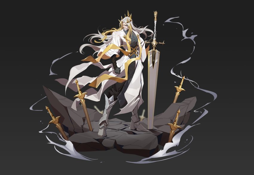1boy absurdres alchemy_stars armored_boots beard black_pants boots clenched_hand coat crown eyepatch facial_hair floating_hair full_body gradient_background grey_hair highres holding holding_sword holding_weapon huge_weapon ifi_(1158029887) long_hair looking_at_viewer male_focus mustache pants planted planted_sword planted_weapon rock schwartz_(alchemy_stars) solo standing sword vambraces weapon white_coat yellow_eyes
