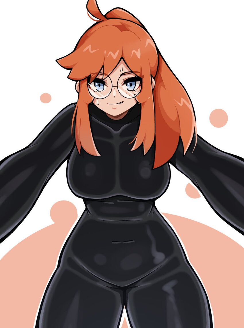 1girl ahoge black_bodysuit blue_eyes bodysuit breasts commentary commission cowboy_shot english_commentary freckles glasses highres large_breasts long_hair looking_at_viewer oninuer orange_hair original parted_bangs parted_lips round_eyewear smile solo sweat tight_clothes