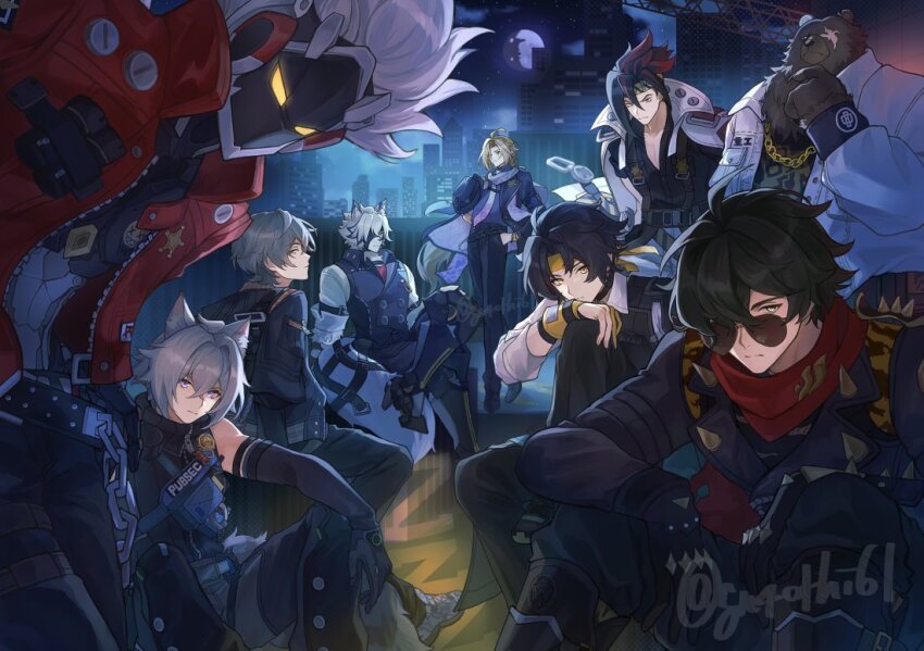 6+boys ahoge animal_ear_fluff animal_ears antenna_hair anton_ivanov arm_belt artist_name asaba_harumasa badge bear_boy bear_ears belt belt_buckle belt_chain ben_bigger billy_kid black_belt black_gloves black_hair black_hat black_headband black_jacket black_pants black_shirt black_shoes black_sweater blonde_hair blue_jacket blue_pants body_fur breast_pocket brown_fur buckle building buttons cat_boy cat_ears cat_tail chain chain_necklace city claws closed_mouth coat coat_on_shoulders collared_coat collared_jacket collared_shirt collared_vest crane_(machine) cropped_jacket crossed_bangs crossed_legs cuffs cyborg double-breasted expressionless eyepatch fedora frown full_moon furry furry_male gloves gold_necklace gradient_necktie green_eyes green_hair grey_hair grey_pants grey_vest hair_between_eyes hair_intakes hair_over_one_eye hand_in_pocket hand_up handcuffs hashtag-only_commentary hat headband holding holding_unworn_clothes holding_unworn_hat hugo_vlad jacket jacket_partially_removed jewelry knee_up lapel_pin lapels layered_sleeves leather leather_jacket lighter_(zenless_zone_zero) long_hair long_sleeves looking_at_viewer low_ponytail male_focus mechanical_legs mole mole_under_eye moon multicolored_hair multiple_boys muzzle_(mask) necklace necktie night night_sky one_eye_covered open_clothes open_jacket pants partially_fingerless_gloves pocket police police_badge police_uniform ponytail print_shirt purple_eyes purple_necktie purple_shirt red_eyes red_hair red_jacket red_scarf scar scar_across_eye scar_on_face scarf seth_lowell sheriff_badge shirt shoes short_hair short_over_long_sleeves short_sleeves shoulder_spikes sideways_glance sitting sky skyscraper sleeveless sleeveless_sweater spiked_hair spiked_jacket spikes standing star_(sky) streaked_hair striped_headband studded_belt suitchi_(gn4othi61) sunglasses suspenders sweater tail tail_belt thigh_strap turtleneck turtleneck_sweater twitter_username unworn_hat unworn_headwear v-shaped_eyebrows very_long_hair vest von_lycaon watch white_coat white_fur white_hair white_jacket white_necktie white_shirt white_shoes wise_(zenless_zone_zero) wolf_boy wolf_ears wolf_tail wristwatch yellow_eyes yellow_gloves yellow_headband zenless_zone_zero zipper zipper_pull_tab