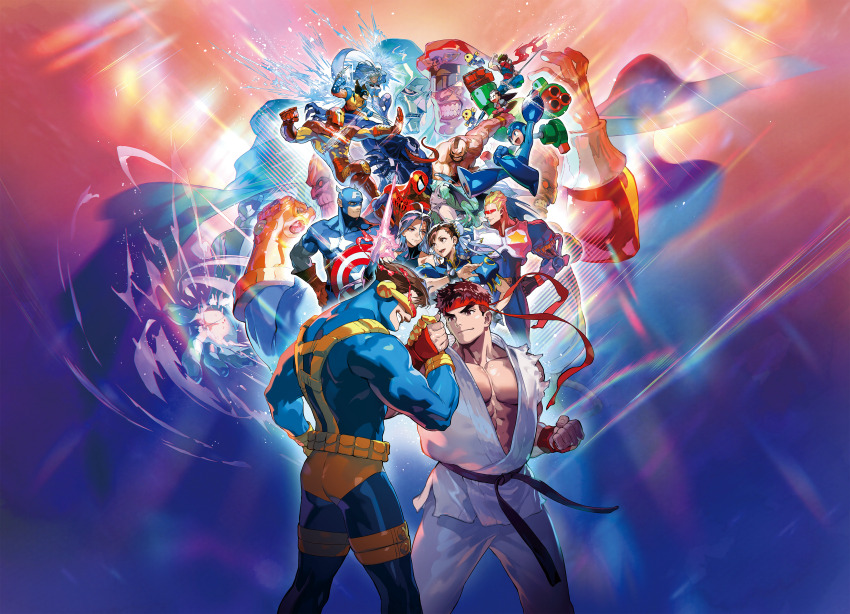 5girls 6+boys abs absurdres ahoge akuma_(street_fighter) arm_cannon arm_up armor avengers_(series) bandaged_arm bandages bare_shoulders bat_wings beard belt black_sash blonde_hair blue_bodysuit blue_dress blue_eyes blue_helmet blue_jacket bodysuit bracelet brown_eyes brown_hair bun_cover capcom cape captain_america captain_america_(series) captain_commando captain_commando_(character) china_dress chinese_clothes chun-li claw_(weapon) claws clenched_hand colored_skin cover crossover cyclops_(x-men) dark-skinned_female dark_skin darkstalkers demon_girl demon_wings doctor_doom double_bun dougi dress facial_hair fangs fantastic_four from_behind gloves glowing glowing_eyes green_hair grey_hair grin hair_bun hair_ribbon hand_on_own_hip handshake hat head-mounted_display head_wings headband helmet highres holding holding_shield holding_sword holding_weapon hood ice infinity_gauntlet infinity_gems iron_man iron_man_(series) jacket jewelry key_visual leg_up lipstick long_hair long_tongue looking_at_another m._bison makeup marvel marvel_super_heroes marvel_super_heroes_vs._street_fighter marvel_vs._capcom marvel_vs._capcom_2 mask mecha mega_man_(character) mega_man_(classic) mega_man_(series) mega_man_legends_(series) mita_chisato mohawk morrigan_aensland mouth_mask multiple_boys multiple_girls multiple_wings muscular muscular_male ninja official_art orange_hair outstretched_arm outstretched_arms pants pink_dress power_armor promotional_art psylocke puffy_short_sleeves puffy_sleeves purple_hair purple_skin red_bodysuit red_eyes red_hat red_headband red_scarf ribbon robot ryu_(street_fighter) sash scarf servbot_(mega_man) shield short_hair short_sleeves sleeveless smile spider-man spider-man_(series) spiked_bracelet spikes spread_arms star_(symbol) steve_rogers storm_(x-men) street_fighter strider_(video_game) strider_hiryuu superhero_costume sword thanos tongue topless_male torn_clothes torn_sleeves tron_bonne_(mega_man) tunic utility_belt venom_(marvel) video_game_cover weapon white_armor white_bodysuit white_hair white_pants white_tunic wings wolverine_(x-men) x-men x-men:_children_of_the_atom x-men_vs._street_fighter yellow_bodysuit zangief