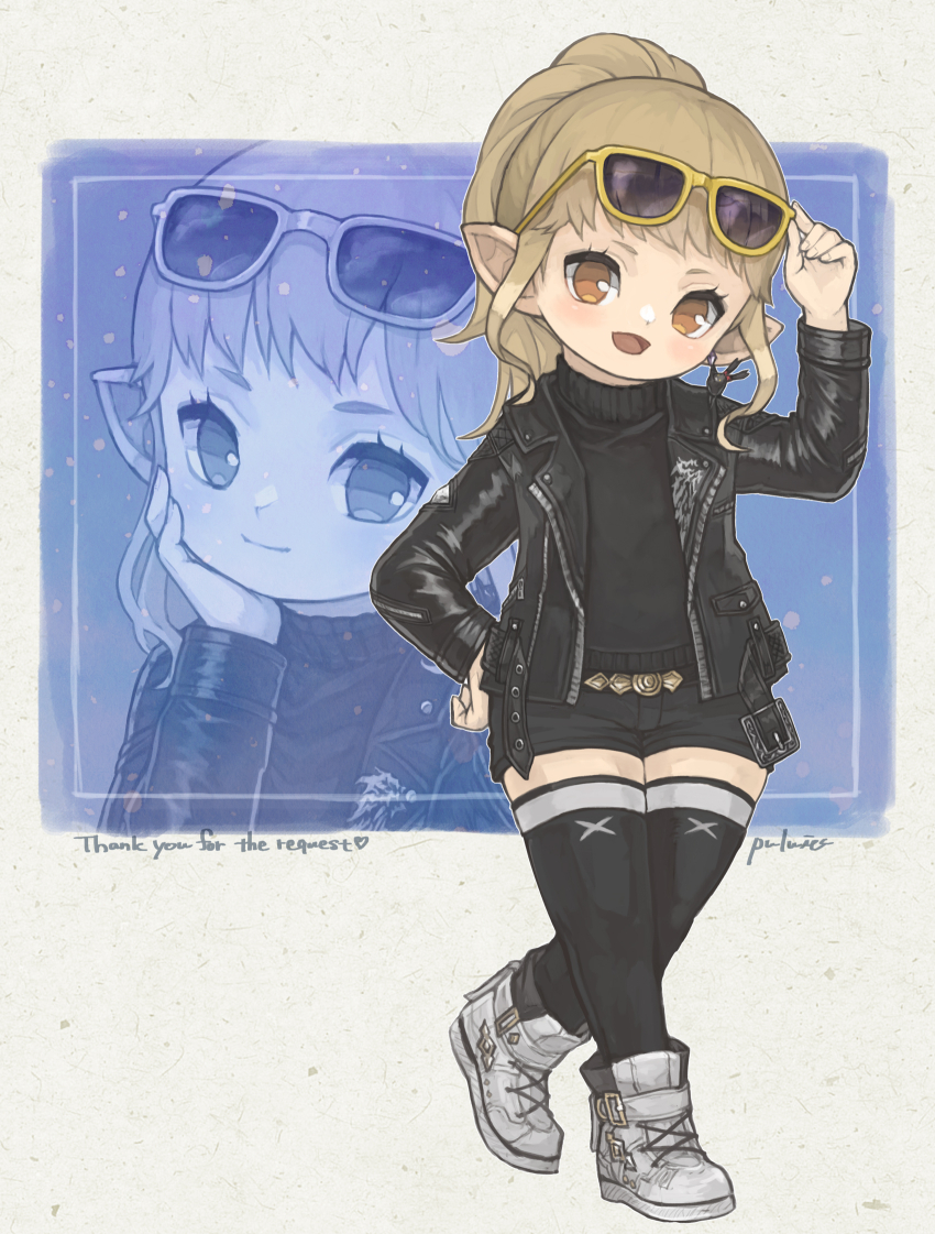 1girl adjusting_eyewear artist_name belt_buckle black_jacket black_shorts black_sweater black_thighhighs blonde_hair boots brown_eyes buckle closed_mouth commission contemporary earrings english_text eyewear_on_head final_fantasy final_fantasy_xiv flat_chest full_body hand_on_eyewear hand_on_own_chin hand_on_own_hip highres jacket jewelry lalafell leather leather_jacket looking_at_viewer medium_hair multiple_views open_mouth pointy_ears ponytail puluie shoes shorts signature simple_background single_earring smile sneakers sunglasses sweater thigh_boots thighhighs warrior_of_light_(ff14) white_footwear zettai_ryouiki