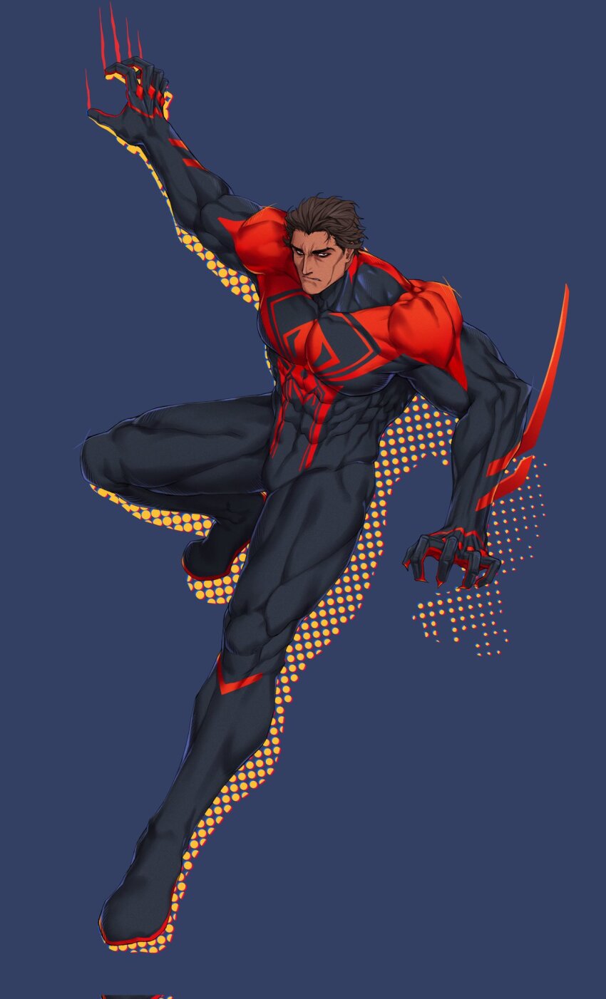 1boy abs bara blue_background bodysuit brown_hair claws dobek_k highres large_pectorals looking_at_viewer male_focus manly marvel mature_male miguel_o&#039;hara muscular muscular_arms muscular_legs muscular_male pectorals scratching short_hair simple_background solo spandex spider-man:_across_the_spider-verse spider-man_(2099) spider-man_(series) spider-verse thick_eyebrows thighs tight_clothes