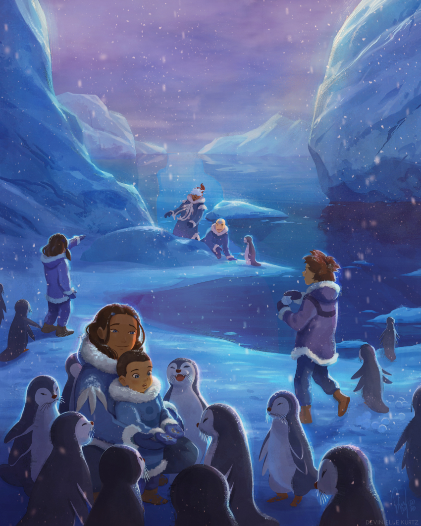 2girls 4boys aang aged_down aged_up avatar:_the_last_airbender avatar_legends bald bird brother_and_sister brothers brown_hair bumi_(the_legend_of_korra) coat dark-skinned_female dark-skinned_male dark_skin devin_elle_kurtz family father_and_daughter father_and_son fur_trim gloves highres iceberg katara kya_(the_legend_of_korra) mother_and_daughter mother_and_son multiple_boys multiple_girls penguin siblings smile snow snowball sokka tattoo tenzin_(the_legend_of_korra) the_legend_of_korra water winter_clothes winter_coat
