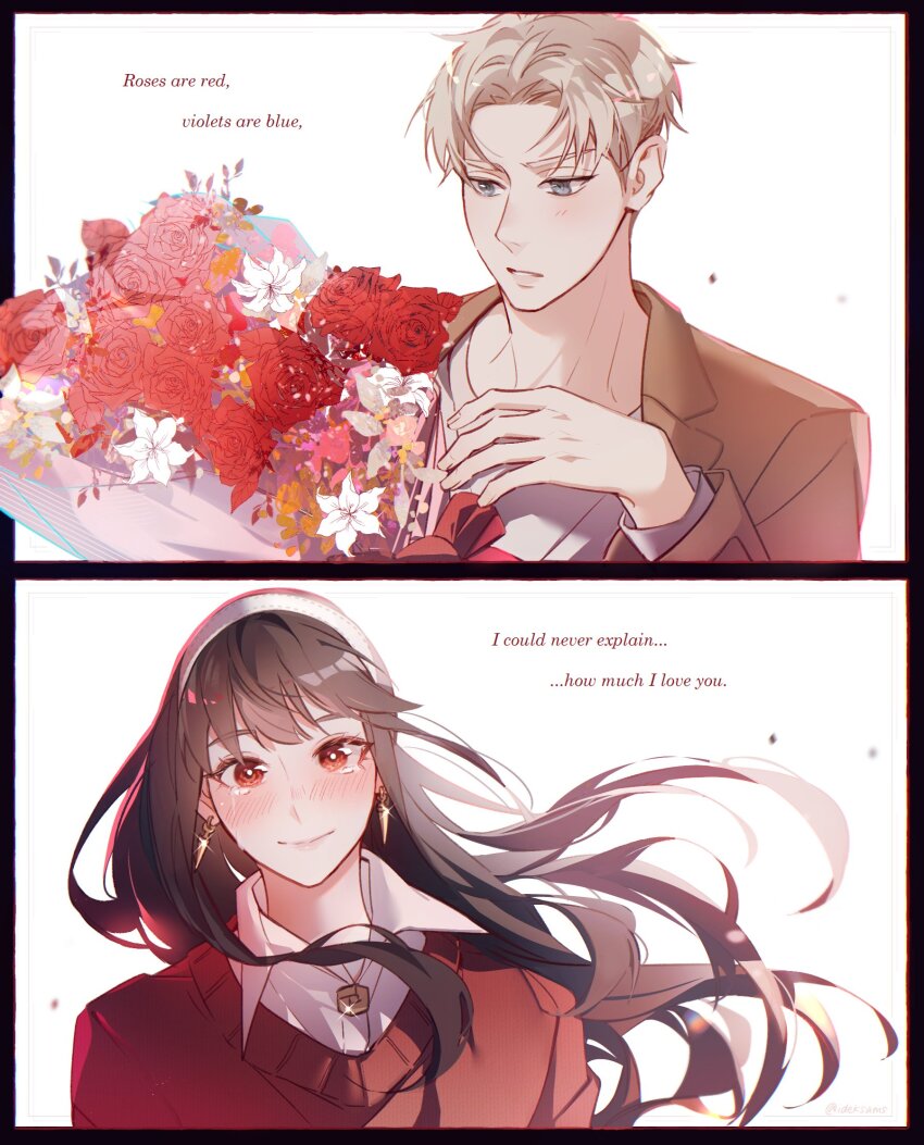 1boy 1girl black_hair blonde_hair blush breasts commentary couple earrings gold_earrings hairband hetero highres husband_and_wife ideksams jewelry large_breasts long_hair long_sleeves open_mouth red_eyes shirt short_hair sidelocks smile spy_x_family symbol-only_commentary twilight_(spy_x_family) yor_briar