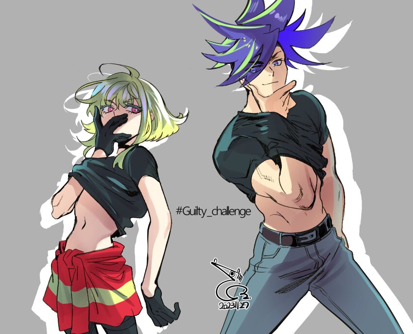 2boys abs absurdres androgynous asymmetrical_hair bae_(baebae) black_gloves black_shirt blonde_hair blue_eyes blue_hair clothes_lift covering_own_mouth galo_thymos gloves green_hair guilty_challenge_(meme) hair_between_eyes half_gloves hand_in_clothes hand_over_own_mouth hand_under_clothes hand_under_shirt highres lio_fotia long_hair looking_at_viewer male_focus meme mohawk multiple_boys muscular muscular_male navel promare shirt shirt_lift short_hair short_sleeves sidecut smile spiked_hair stomach t-shirt trap undercut