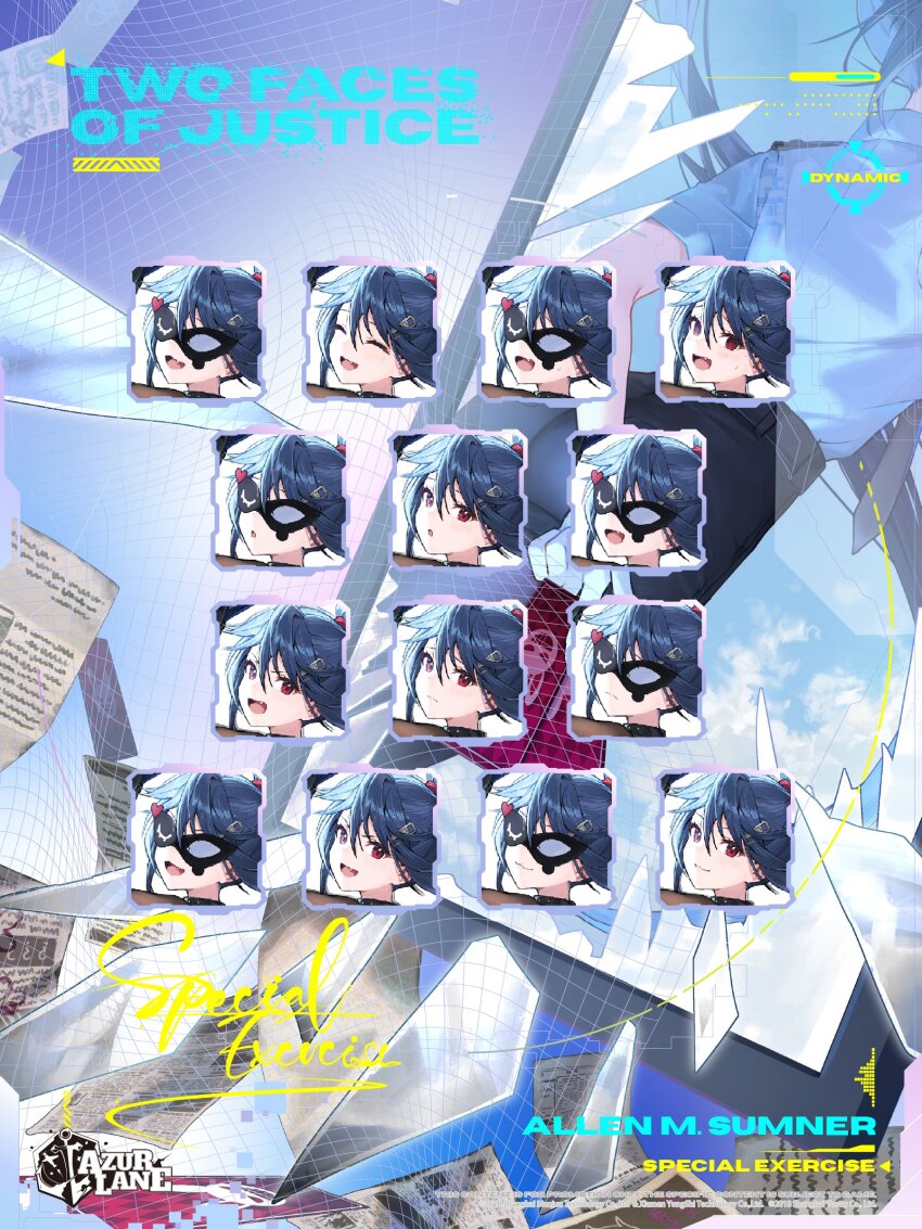 :d :o allen_m._sumner_(azur_lane) allen_m._sumner_(two_faces_of_justice)_(azur_lane) azur_lane black_hair character_name closed_eyes closed_mouth commentary copyright_name english_commentary english_text multiple_expressions eye_mask fang frown highres looking_at_viewer official_art open_mouth red_eyes second-party_source smile