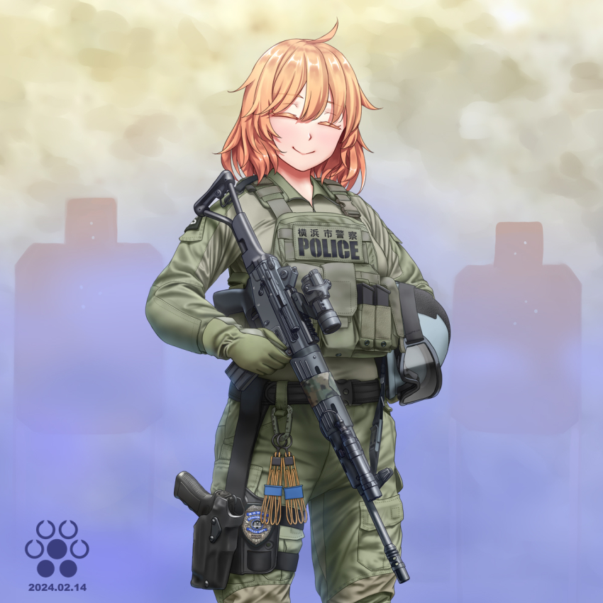 1girl assault_rifle camouflage closed_eyes dated gloves green_gloves green_jacket green_pants gun highres howa_type_89 jacket jpc looking_at_viewer orange_hair original pants police police_uniform policewoman rifle silhouette_target smile solo weapon woodland_camouflage