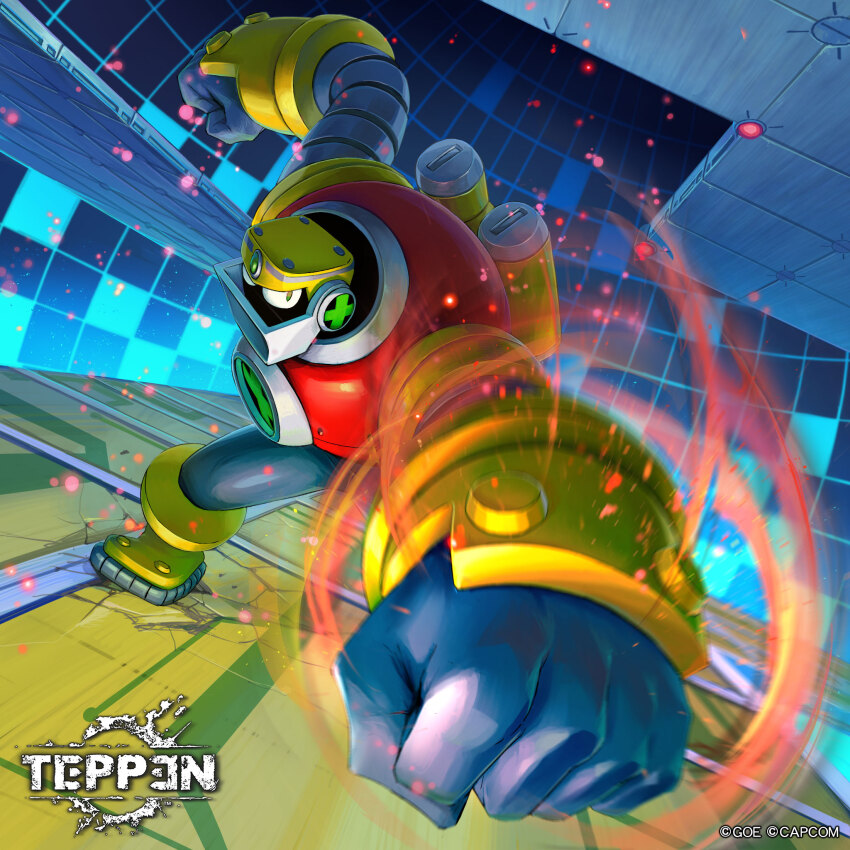 1boy arm_up armor clenched_hands commentary_request copyright_logo copyright_name copyright_notice crack cracked_floor cyberspace green_eyes gutsman.exe highres incoming_attack incoming_punch ishida_baru logo looking_at_viewer male_focus mega_man_(series) mega_man_battle_network_(series) netnavi official_art punching solo standing teppen