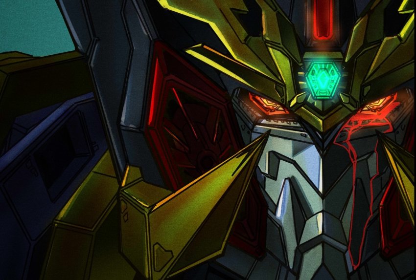 blood bloody_tears genesic_gaogaigar glowing_headgear highres jianchuan looking_at_viewer mecha robot solo yuusha_ou_gaogaigar yuusha_ou_gaogaigar_final yuusha_series
