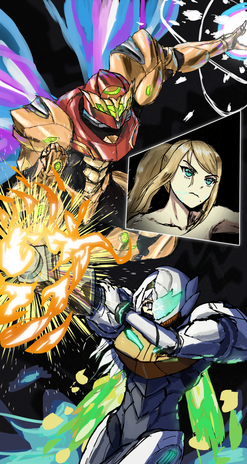 2girls adapted_costume alternate_universe arm_cannon armor armpits artist_request battle blonde_hair blue_eyes collarbone crossover determined eyelashes firefly_(honkai:_star_rail) hair_between_eyes helmet high_ponytail highres honkai:_star_rail honkai_(series) implied_nudity laser long_hair looking_ahead metroid mole mole_under_mouth multiple_girls neck nintendo outstretched_arm ponytail power_suit samus_aran sidelocks swept_bangs topless_frame upper_body v-shaped_eyebrows weapon white_hair