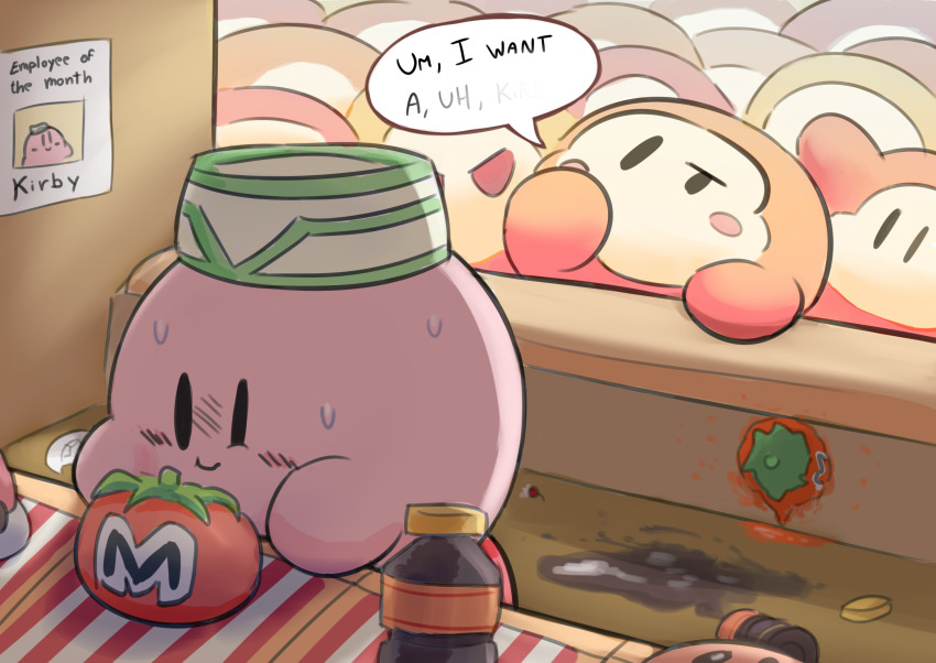 blush_stickers broken_plate car-mouth_cake counter dropped_food energy_drink_(kirby) english_text forced_smile highres kirby kirby_(series) kirby_and_the_forgotten_land kirby_burger maxim_tomato nintendo no_humans plate shibulio solid_oval_eyes sweat too_many waddle_dee