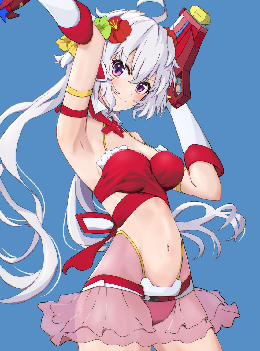 1girl ahoge armpits bell blue_background breasts cleavage grey_hair gun highres long_hair medium_breasts purple_eyes revealing_clothes senki_zesshou_symphogear solo suzunarisakuya weapon yukine_chris
