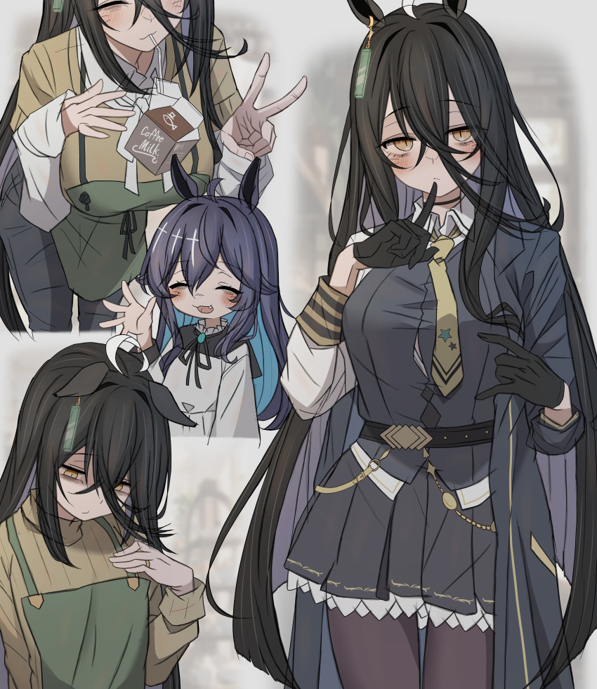 absurdres ahoge alternate_breast_size animal_ears apron belt black_belt black_choker black_coat black_gloves black_hair black_pantyhose black_ribbon black_skirt black_vest blush breasts can choker closed_eyes coat collared_shirt drink_can drinking_straw ear_tag earrings ears_down finger_to_own_chin frilled_skirt frills gloom_(expression) gloves green_apron half_gloves hand_up hands_on_own_breasts highres horse_ears horse_girl horse_tail index_finger_raised jewelry large_breasts leogust long_hair long_sleeves manhattan_cafe_(umamusume) multicolored_hair neck_ribbon open_mouth original pantyhose pleated_skirt removing_coat ribbon shaded_face shirt short-sleeved_sweater short_sleeves single_earring skirt smile sweater tail v variant_set very_long_hair vest waving white_hair white_shirt yellow_eyes yellow_sweater