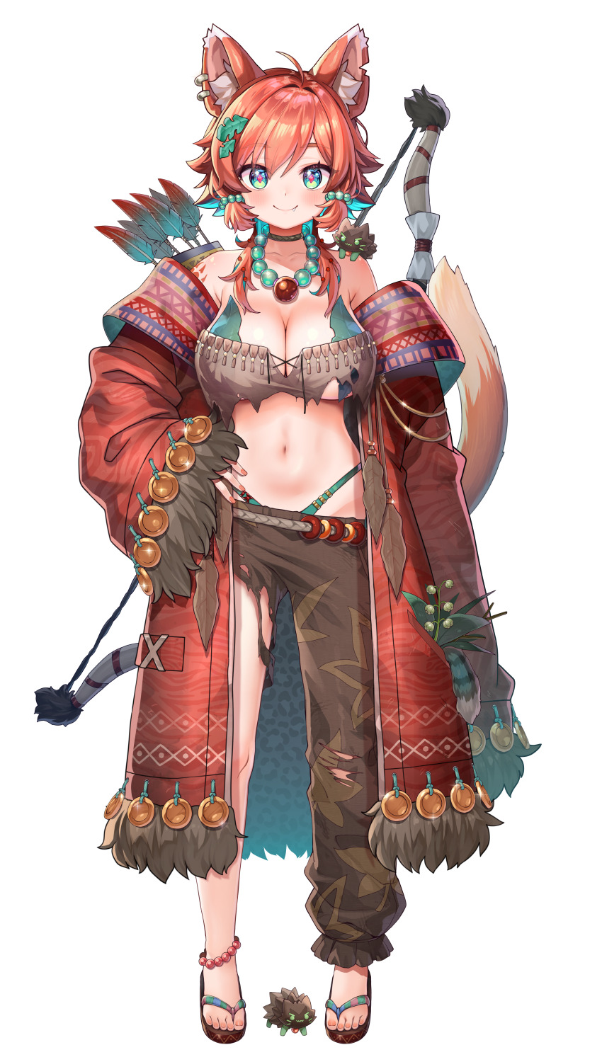 1girl :d absurdres animal animal_ears animal_on_shoulder anklet arrow_(projectile) asymmetrical_clothes ayaoshiro bandeau bare_shoulders bead_anklet bead_necklace beads bikini bow_(weapon) breasts brown_bandeau brown_pants cat_tail choker cleavage coat diamond-shaped_pupils diamond_(shape) fang full_body green_bikini green_choker green_eyes hair_bobbles hair_ornament hand_on_own_hip highleg highleg_bikini highres jewelry large_breasts leaf leaf_bikini leaf_on_head looking_at_viewer mozumi_pichi mozumi_pichi_(1st_costume) navel necklace off_shoulder official_art open_mouth orange_hair pants pink_nails plant quiver red_coat red_pupils sandals shoulder_tattoo single_pantsleg slippers smile standing stomach swimsuit symbol-shaped_pupils tail tattoo torn_clothes torn_pants tribal v-dere virtual_youtuber weapon wolf_cut wolf_ears zouri