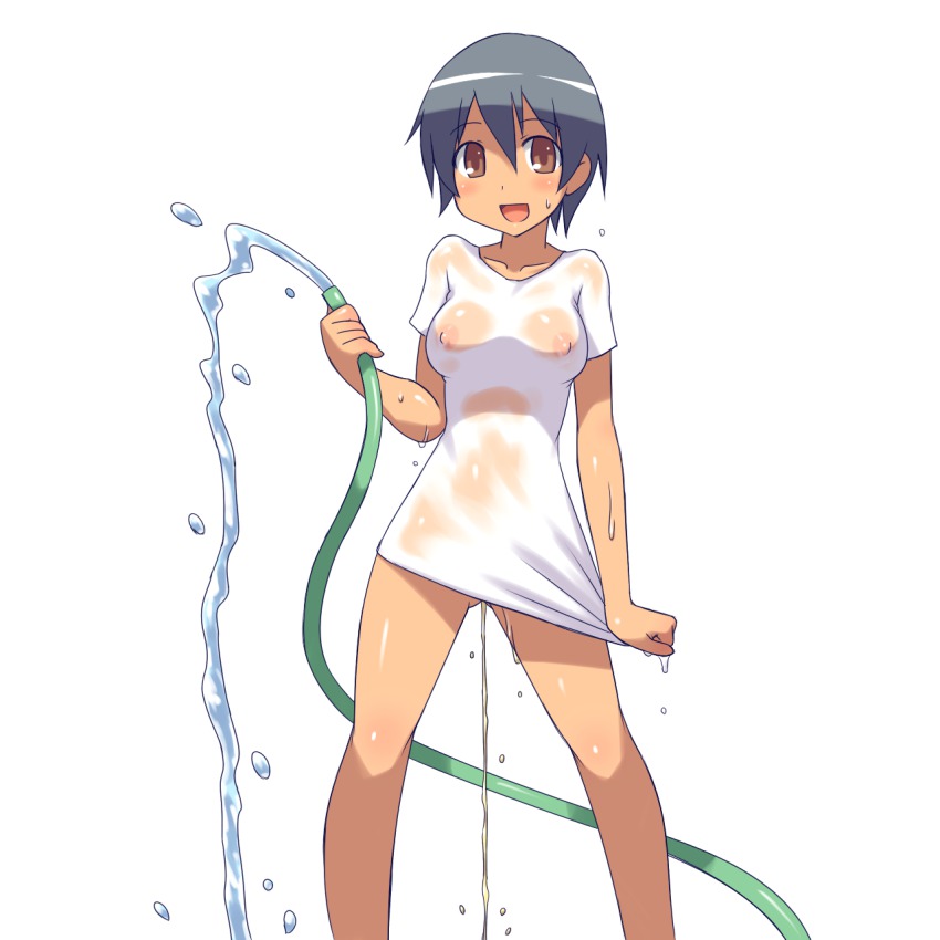 1girl :d aaaa_(quad-a) bad_id bad_pixiv_id bottomless breasts brown_eyes peeing covered_erect_nipples female_focus grey_hair happy highres hose nipples no_bra no_panties open_mouth original pee peeing see-through_clothes shirt shirt_tug short_hair small_breasts smile solo water wet wet_clothes wet_shirt