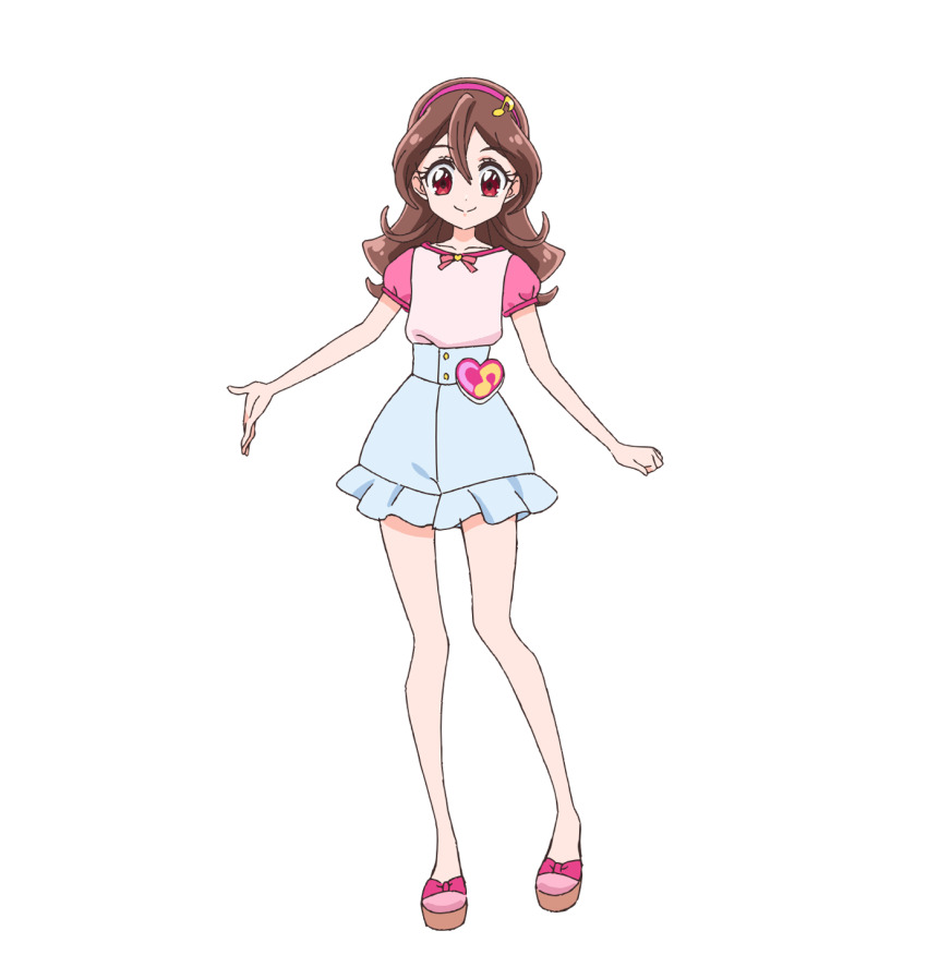 1girl blue_skirt full_body hairband heart highres kimi_to_idol_precure long_hair looking_at_viewer miniskirt musical_note official_art pink_hairband pink_shirt pink_shoes precure sakura_uta_(precure) second-party_source shirt shoes short_sleeves simple_background skirt smile solo standing tachi-e