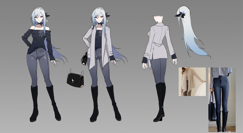 1girl absurdres alternate_costume bag bare_shoulders black_boots black_pants black_shirt boots earrings full_body high_ponytail highres honkai:_star_rail honkai_(series) jacket jewelry jingliu_(honkai:_star_rail) long_hair off_shoulder open_clothes open_jacket pants ponytail shirt shoulder_bag single_earring solo standing via_shinan white_hair