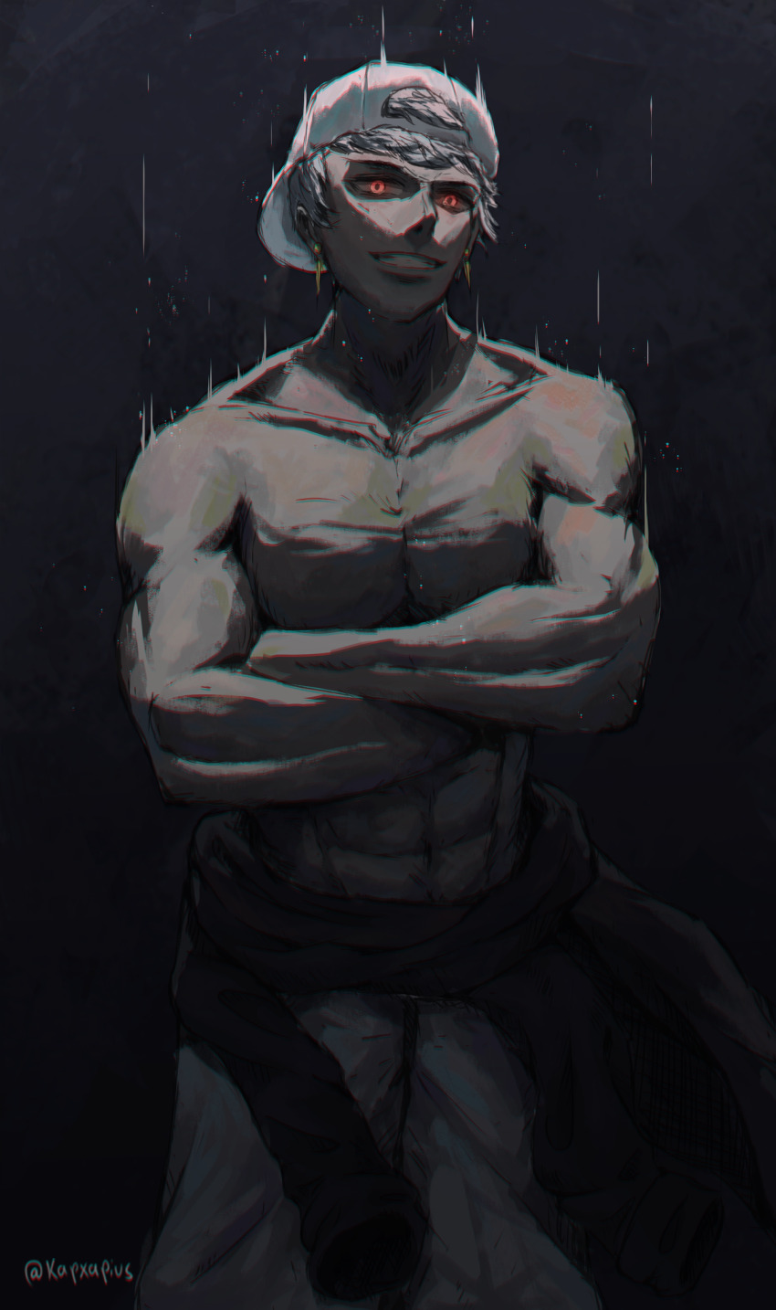 1boy bare_arms biceps black_background blonde_hair crossed_arms earrings evil_grin evil_smile grin hat highres jewelry kapxapius light_rays looking_at_viewer muscular no_shirt red_eyes shorts smile solo tower_of_god urek_mazino white_shorts