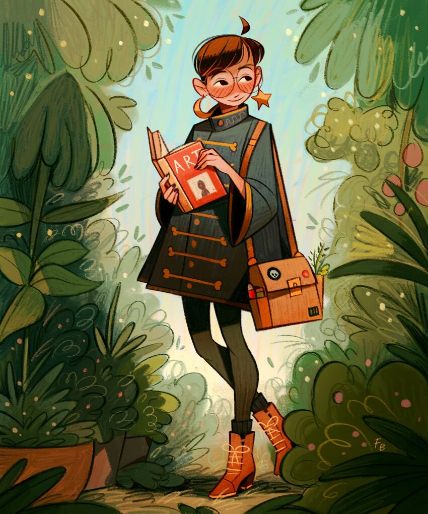 1girl ahoge bag blush book boots brown_hair coat earrings friedbaens full_body full_moon_hair_ornament glasses grass hair_ornament highres jewelry leaf nature original plant shoes short_hair smile star_(symbol) star_hair_ornament tree