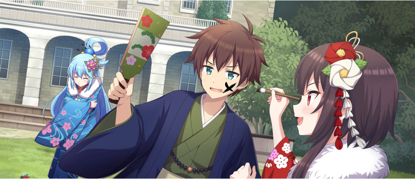 1boy 2girls aqua_(konosuba) blue_hair blue_kimono brown_hair building closed_eyes crossed_arms dutch_angle facepaint floral_print floral_print_kimono flower fur-trimmed_kimono fur_trim furisode game_cg grass green_eyes green_kimono hagoita hair_flower hair_ornament hair_rings hane_(hanetsuki) hanetsuki highres holding holding_paddle holding_paintbrush japanese_clothes kimono kono_subarashii_sekai_ni_shukufuku_wo! konosuba!_fantastic_days long_hair megumin multiple_girls new_year official_art open_mouth outdoors paddle paintbrush pink_flower print_kimono red_eyes red_flower red_kimono satou_kazuma short_hair_with_long_locks sidelocks small_sweatdrop smile sneezing third-party_source tree very_long_hair white_flower yukata