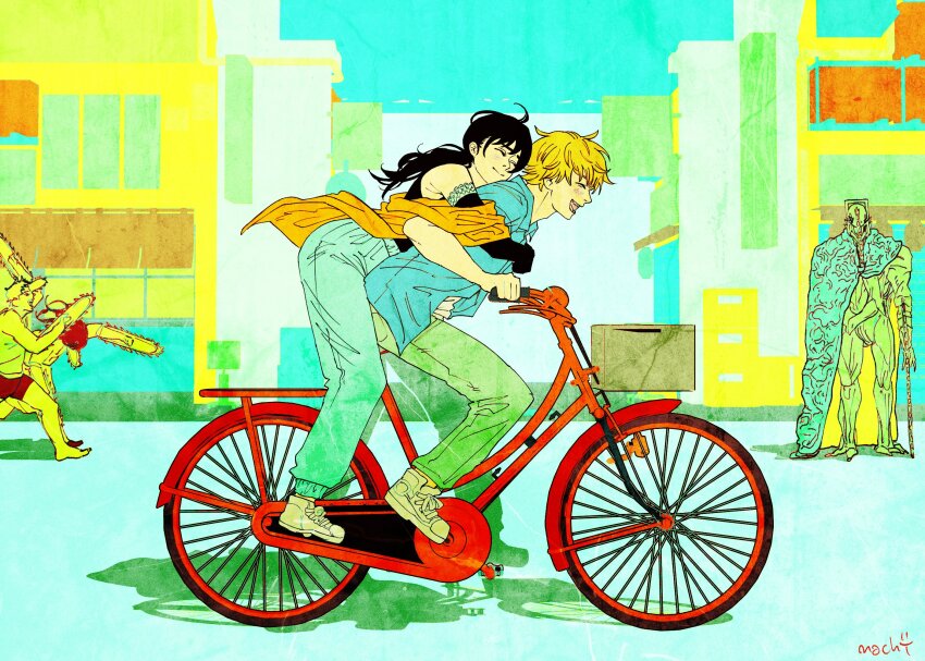 1girl 4boys artist_name bicycle black_gloves black_hair blonde_hair blue_pants blue_shirt blue_sky building chainsaw chainsaw_man city closed_eyes closed_mouth day denji_(chainsaw_man) elbow_gloves fake_chainsaw_man gloves green_pants highres hug hug_from_behind jacket machipachi1901 mitaka_asa multiple_boys open_mouth orange_jacket outdoors pants riding riding_bicycle shirt short_hair sky