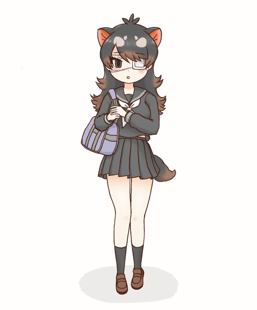 1girl adapted_costume australian_devil_(kemono_friends) bag black_hair black_serafuku black_shirt black_skirt black_socks blush brown_eyes brown_hair brown_shoes extra_ears eyepatch full_body hair_between_eyes highres kemono_friends loafers long_hair long_sleeves medical_eyepatch midriff_peek multicolored_hair neckerchief pleated_skirt sailor_collar school_bag school_uniform serafuku shirt shoes sidelocks skirt socks solo tasmanian_devil_ears tasmanian_devil_tail tobinosuke12 white_neckerchief