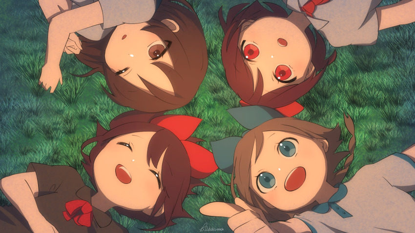 4girls artist_name blue_bow blue_eyes bow bowtie braid brown_eyes brown_hair collared_shirt commentary_request dress closed_eyes fullc8 grass hair_bow haru_(yomawari) highres lying multiple_girls necktie on_back one_eye_closed open_mouth pointing protagonist&#039;s_sister_(yomawari) protagonist_(yomawari) red_bow red_eyes red_neckwear shin_yomawari shirt short_hair smile upper_body yomawari yomawari_(series) yui_(yomawari)