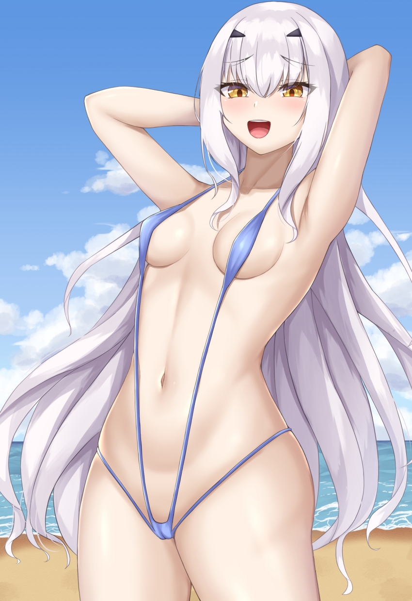 1girl absurdres arms_behind_head beach blue_slingshot_swimsuit blush breasts cameltoe fate/grand_order fate_(series) highres long_hair looking_at_viewer melusine_(fate) navel ocean open_mouth sharen slingshot_swimsuit small_breasts smile solo swimsuit white_hair